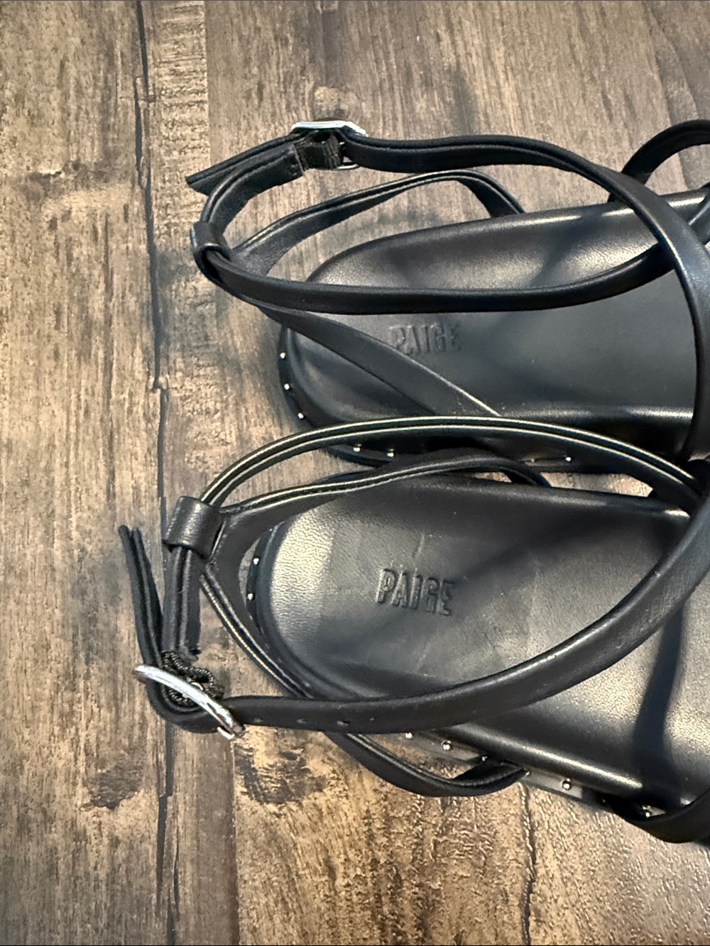 Brand New PAIGE Black Strappy Stud-Trim Flat Sandals - Picture 3 of 5